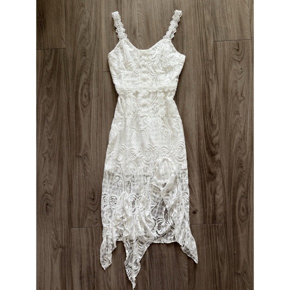 RIHOAS Dresses & Skirts - Rihoas White Lace Asymmetrical Midi Dress Womens Small Coquette Feminine Coastal